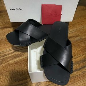 New VINCE black leather, slip on spa sandals. US size 7M (EUR 37).
